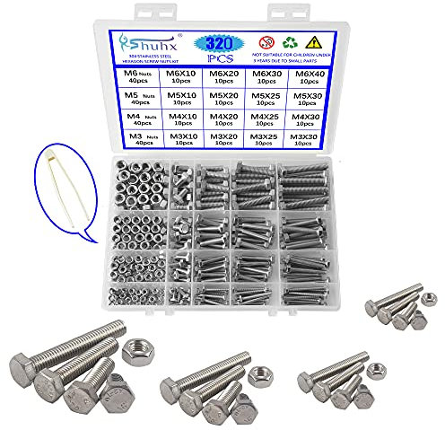 Rshuhx M3 M4 M5 M6 Viti e Dadi Set 304 Acciaio Inossidabile Esagonale con Bulloneria Bulloni e Dadi con Testa Esagonale per Industria Meccanica