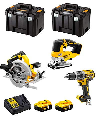 Kit DWK301 (Schlagbohrschrauber DCD796 + Pendelhub-Stichsäge DCS334 + Handkreissäge DCS570 + 2 Batterien 5,0 Ah + Ladegerät + 2 x TSTAK VI)