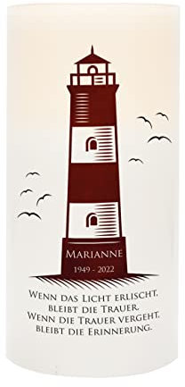 Herz & Heim® LED Kerze als Trauerkerze mit Namen und Daten für Kondolenz Leuchtturm