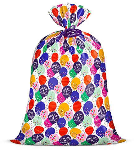 Loveinside Große Geschenktüte Aus Plastik - Geburtstagsdesign (Bunter Luftballon) Plastiktüte Mit Anhänger Und Krawatte Für Geburtstage, Partys, Feiern Und Mehr - 142,3 X 91,5 cm, 1 Stk