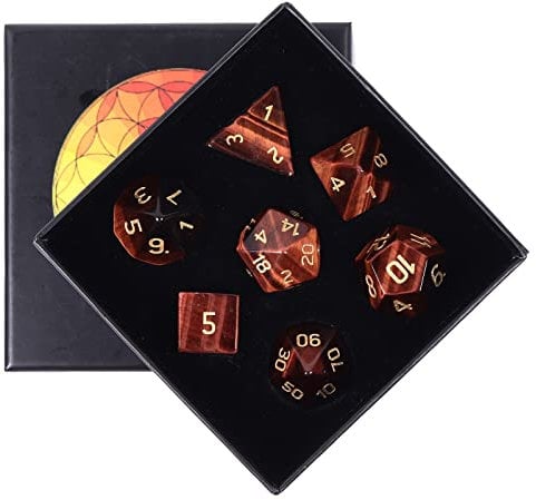 KYEYGWO Rotes Tigerauge Kristall Polyedrische Würfel Set, 7pcs Reiki Heilung Stein Polyedrischer Spielwürfel für Dungeons und Dragons RPG DND Dice Tischkartenspiele Brettspielwürfel