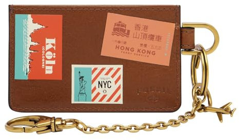 FOSSIL Ticket Card Case Keychain Brown Multi