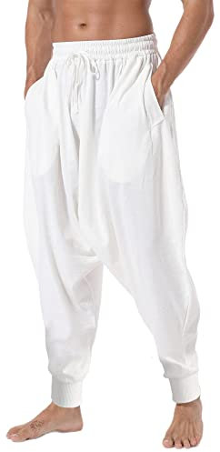 AITFINEISM Men's Drawstring Casual Hippie Harem Pants Loose Drop Crotch Trousers (M,White 1)