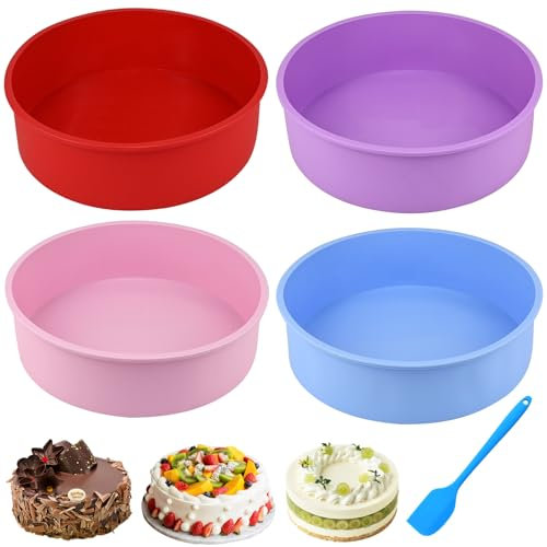 RAINPOP 4-Piece 8 Inch Silicone Tins for Baking, 20CM Round Silicone Cake Mold Pan, Non-Stick & Quick Release, Ideal for Layer, Cheese & Rainbow Cakes