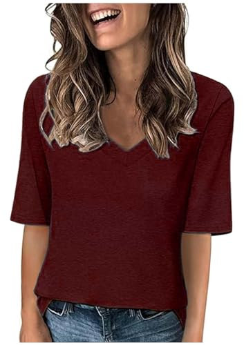 Camiseta Mujer Verano 2024 - Casual Media Manga Blanca de Cuello en Pico - Moda Color Sólido T-Shirt Informal Corte Suelto Multicolor