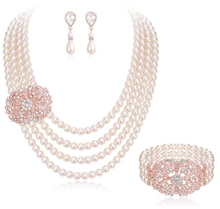 Ever Faith 1920s Gatsby Pearl Necklace Vintage Bridal Pearl Necklaces Multi Strand Imitation Pearl Earrings Bracelet Costume Jewelry Set for Halloween Wedding Party Rose Gold-Tone
