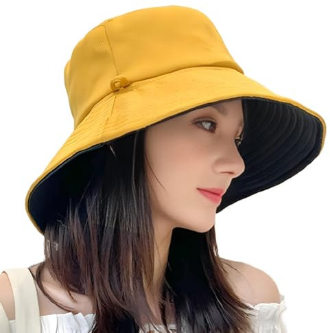 LHLZNB Double Sided Fisherman hat ,Sun Hats for Women UK,Wide Brim Bucket Cap Summer Reversible Sun Hat Women Foldable Beach Cap, Topless Sun Hat Summer for Outdoor Sports (UK, Alpha, M, L, Yellow)