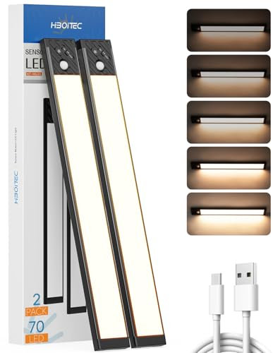Lampe Detecteur de Mouvement Dimmable 70LED, 2500mAh Rechargeable Eclairage LED Cuisine Sous Meuble à Piles , Lampe de Placard Sans Fil Placard, Armoire, Cuisine, ( 32,5 cm, Lumière Blanche Chaude)
