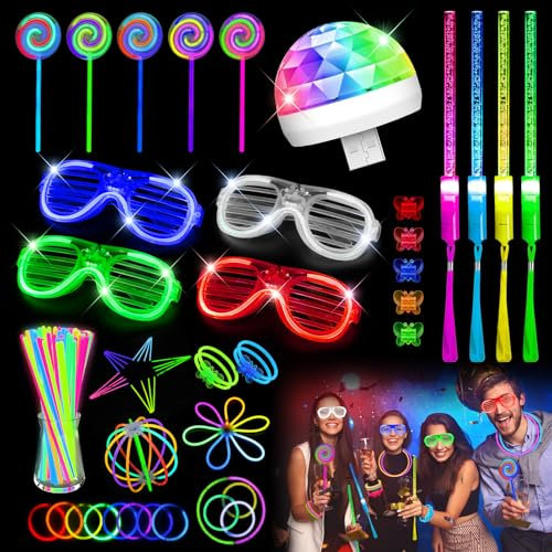 Neon Knicklichter Party Set, 74 Stück Knicklichter Kinder Set mit Led Discokugel, Brille Neon Party Gadgets Neon, LED Brille Party, für Geburtstags Festival Hochzeiten, Karnevals und Musikfestivals