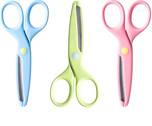 Oruiiju 3-pack Säkerhets Sax för Barn Rostfria Stålknivar med Rundade Spetsar Hård Handtag med Comfort Grip Lämplig för Barn från 4 År Material för Hantverk/DIY/Hem/Skola Klassrum (Rosa+Blå+Grön)​