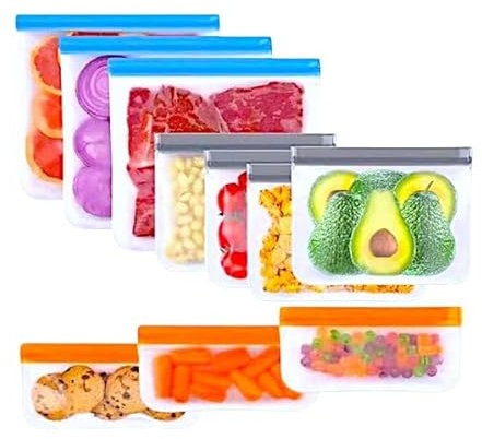 Wiederverwendbare Gefrierbeutel aus Silikon im 10er Set | Nachhaltige Beutel für Lebensmittelaufbewahrung mit Druckverschluss | Reuseable Food bags with zip