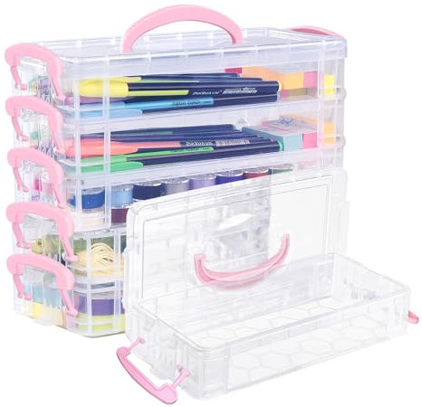 adorbox Storage Boxes with Lids, 2 Pack 3 Tier Clear Plastic Pencil Box with Handles, Stackable Portable Art Office Drawing Tools Pen Supplies Organiser (Pink)