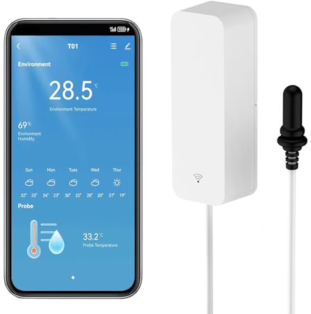 Smart Thermometer Hygrometer mit Sonde, WiFi Aquarium Temperatur und Feuchtigkeitsmesser mit App Fernüberwachung, Innen Kühlschrank Thermometer Sensor, Daten Speicherung & Export,kompatibel Alexa.1PCS