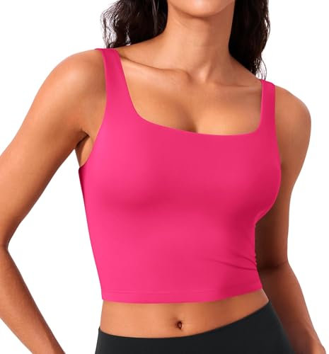 PINSPARK Sport Bustier Damen Gepolstert Ohne Bügel Sport Bra Top Breiten Trägern Stretch Yoga Crop Tops Sommer Schweißableitender Nahtloser BH Knalliges Pink s
