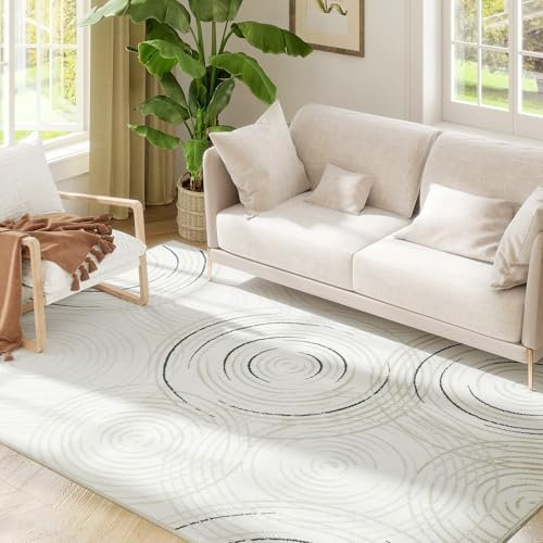 HOMCOM Modern Area Rug, Swirl Pattern Machine Washable Rug, Allergy-Friendly Floor Carpet for Living Room, Bedroom, Dining Room, Home Office, 230 x 160 cm, Cream White
