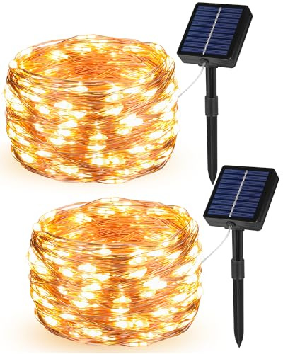 Tacobey 2 Pack Solar Fairy Lights Outdoor, Copper Wire Garden String Light | Total 20m/66ft 200LED, Timer, 8 Lighting Modes, Warm White Waterproof Lights for Patio, Trees, Party, Christmas Decoration