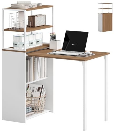 HOMCOM Schreibtisch Klappbar Küchentisch 105 x 60 x 127 cm Naturholz | Mit 4 Regale, Computertisch, Arbeitstisch, Laptoptisch, Büroregal
