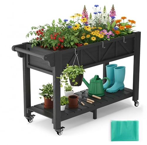 Jacklin F Vaso Fioriera Rialzato HIPS 120x44x70cm con Ruote, Maniglie, 3 Ganci e Fodera in TNT, per Orto, Balcone, Terrazza, Ideale per Verdure, Fiori ed Erbe Aromatiche, Nero