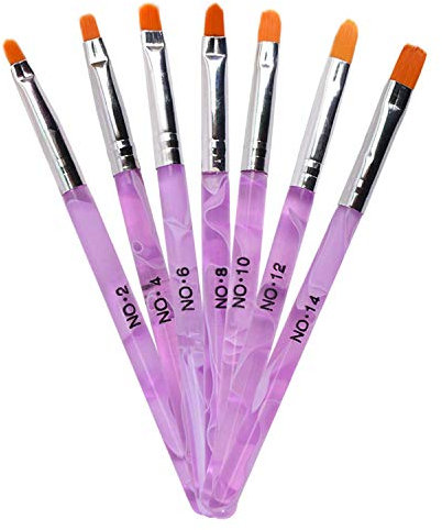 TRIXES 7PC UV Gel Acrylic Nail Brush Set - Assorted Nail Art & Builder Brushes - Accurate Professional Salon Painting Tools - Marbled Purple Pink
