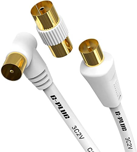 G-PLUG Cable de Antena TV Ángulo Recto y Adaptador, 2m – Cable Coaxial de Antena TV Satélite AV Cable de Antena Macho Macho con Conector RF y Extensión Coaxial Oro - FreeView, FreeSat, Sky Box, BT