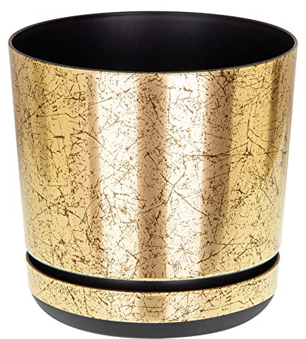 KORAD OLD GOLD flower indoor plant pot with saucer plastic gloss modern decorative planter with drainage holes (14 cm - 5.5 inches)
