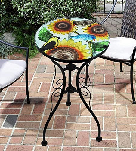 GEEZY Mosaic Garden Table – Sunflower Design, Weatherproof Glass & Iron, Small Round Outdoor Patio Coffee Versatile Bistro Side Table Plant Stand for Home & Gift, 30.5 cm Diameter, Garden Tables Only