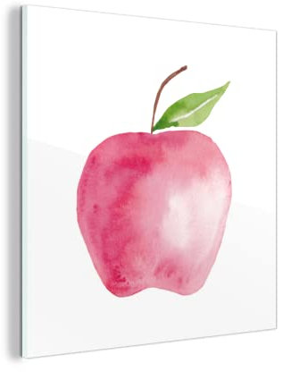 MuchoWow Glasbild Glasfoto Wandbild Bilder Deko 50x50 cm Apfel - Rot - Aquarell
