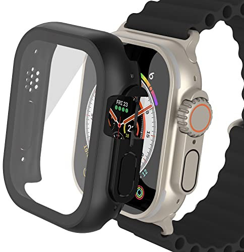 YoLin [2 Pezzi] Cover Apple Watch Ultra 2(2023) / Ultra Con Vetro Temperato 49mm, Custodia Rigida iWatch Protezione Totale Ultra Sottile HD Clear Pellicola Protettiva (Nero)