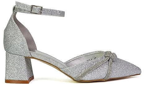 Womens Wedding Shoes Block Low Heel Ladies Ankle Strap Pointed Toe Sparkly Diamante Trim Silver Bridal Evening Party Court Shoes 6