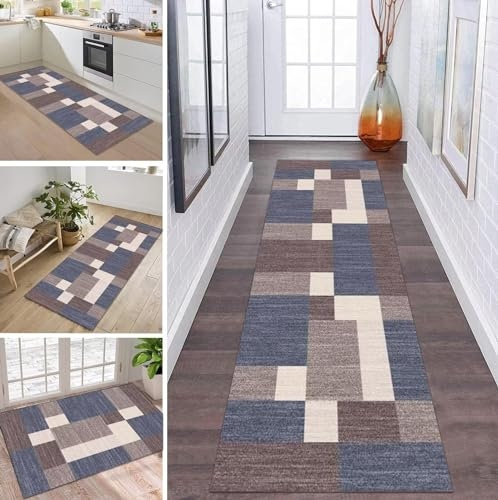 Teppich Läufer Flur Küche rutschfest waschbar Teppichläufer Lang 60X240CM Beige Blau Braun Modern Design Meterware Korridor Tepiche Esszimmer Schlafzimmer Wohnzimmer Schmutzfangmatte Küchenteppich