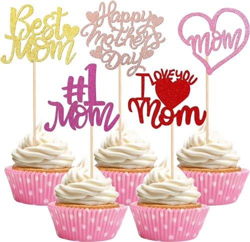 SYKYCTCY 30 Pack Happy Mother's Day Cupcake Toppers Glitter Heart Best Mom Cupcake Picks I love you Mom Cake Decorations for Happy Mother's Day Theme Women Birthday Party Supplies