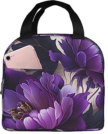 FJAUOQ Lonchera aislada con flores moradas, lonchera versátil para hombres y mujeres, ideal para el trabajo, la vida universitaria, viajes y actividades al aire libre