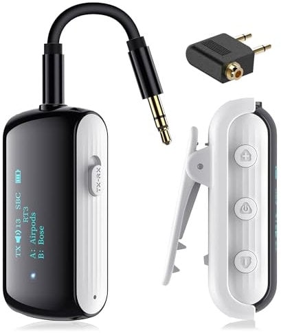YOCOWOCO Airplane Bluetooth 5.2 Transmitter Receiver for 2 AirPods or Headphones, Wireless Audio Adapter for Planes, TV, Gym, Flights, Tablets, Car, Home Stereo with 3.5mm Aux Jack and Low Latency