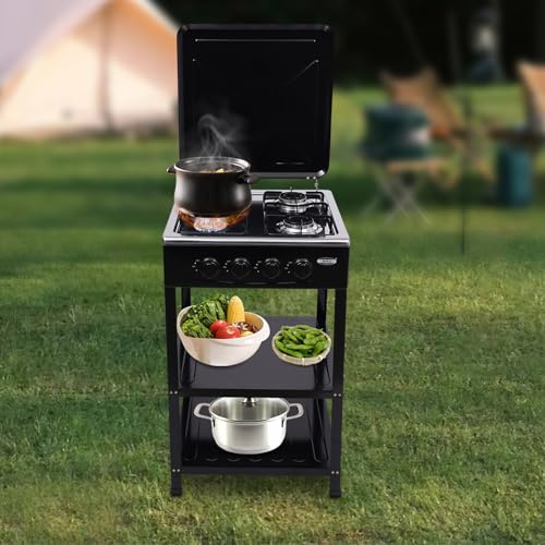 RocoReny - 4 Burner BBQ Gas Grill, Silver Steel Portable Camping Stove with 2 Tier Stand and Legs, Wind Block Cover Adapter, Gas Stove