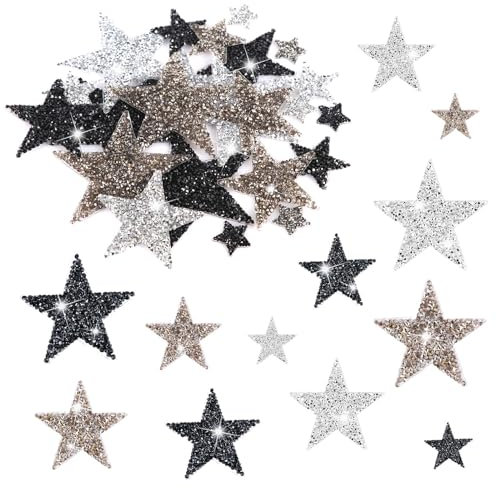 24pcs Star Iron on Patches, Glitter Star Patches Sticky Five Pointed Star Applique Patches Star Sew On Embroidery Patches for Clothing Jeans Bags Hats DIY Crafts (3 Colors)