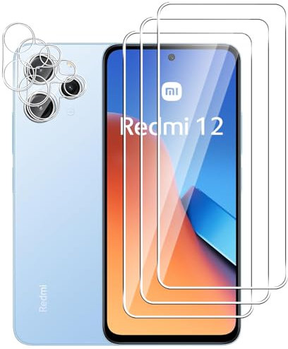 Dlxiks 3 Pièces Verre Trempé Pour Xiaomi Redmi 12 4G/5G avec 3 Pièces Caméra Arrière Protecteur,HD Transparent, Dureté 9H-sans Bulles d'air-Anti Rayures Film Protection écran