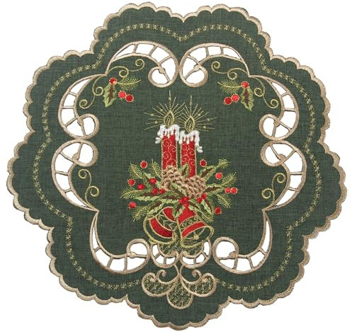 Dunkel-Grün Weihnachten Deckchen,Tischdecke Leinen-Optik mit Rot Kerzen Stickerei - Größe wählbar (ca. Rund 40 cm)