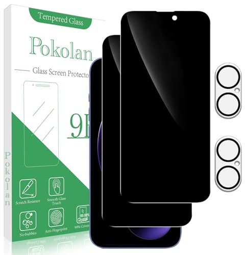 Pokolan 2+2 Pack Privacy Screen Protector for iPhone 16 Plus With Camera Lens Protector, Anti Spy Tempered Glass, 9H Hardness, Anti Scratch, Bubble Free, Easy to Install