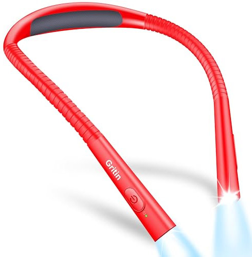 Gritin Leselampe Hals, Buchlampe Bett mit 4 Farben & 5 Helligkeit - Stufenlos Dimmbar, Augenschutz, Aufladbar 80h Dauer, Einstellarm, Ergonomisch Leselicht für Lesen im Bett, Rot
