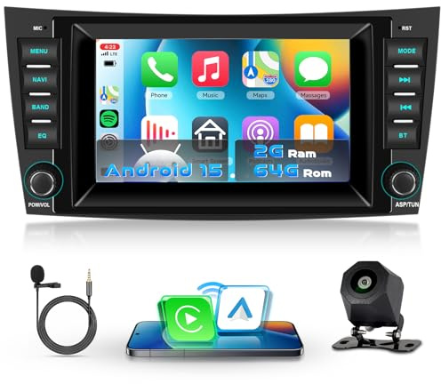 VECHTEL Radio de Coche 2G+64G Android 15 para Mercedes Benz E Classe W211 E200 CLS Classe W219,7'' HD 2.5D de Pantalla Táctil con Carplay Android Auto Inalámbrico GPS Wi-Fi USB Bluetooth FM RDS Cámara