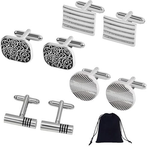 4 Pairs Cufflinks For Men,Classic Silver Shirt Men's Cufflinks For Wedding Business Graduation Gift,Comes With A Velvet Pouch