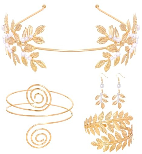 YUSHWENPTY Griechische Göttin Schmuck Set, Lorbeerkranz Kopfschmuck Oberarmreif Ohrringe, Greek Goddess Accessories Set, Gold Schmuck Römerin für Damen Karneval Hochzeits Halloween Kostüm Zubehör