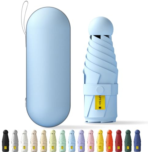FWHFNB Mini Regenschirm,6 Rippen Tragbarer Reiseschirm mit Kapselhülle,Uv-Regenschirm,kleiner kompakter,für Erwachsene Kinder (Himmelblau)