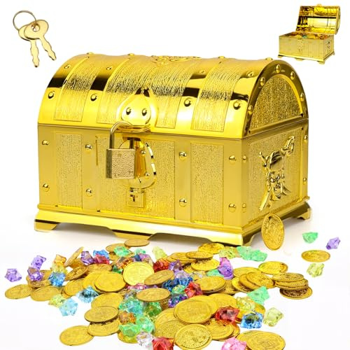 Piraten Schatzkiste Set mit 100 Piraten Goldmünzen und 50 Edelsteinen | Für Weihnachtsparty Geschenke Schatzsuche Kindergeburtsta