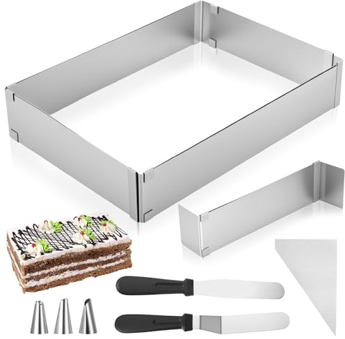 Backrahmen Rechteckig Verstellbar mit Teiler, Tortenring Verstellbar, Edelstahl Viereckige Backform Rechteckiger Backrahmen Eckig Verstellbar Backblech für Kuchen Pizza Torten, mit Zubehör