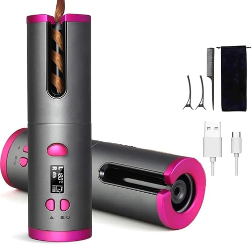 EMEBAY Rizador de Pelo Automático inalámbrico, Rizador de Pelo Recargable | Batería de 4000 mAh, Rizador Anti-quemadura con Temporizador, Rizador de Pelo Portátil, 6 temperaturas, para cabello