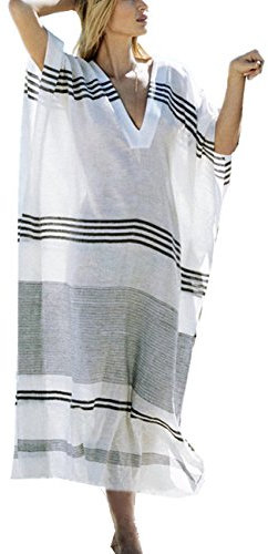 L-Peach Women's Summer Fashion V Neck Stripe Printed Loose Long Kaftan Bikini Cover Up Elegant Beach Dress One Size