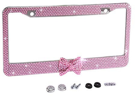 Neobling Nummernschildhalter für Damen, mit rosa Schleife, Strasssteinen, luxuriös, Strasssteine, Edelstahl, für Auto, LKW, SUV, 1 Rahmen