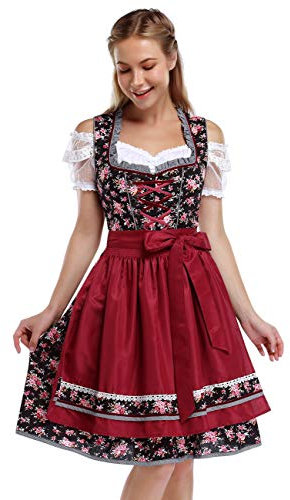 KOJOOIN Trachtenkleid Damen Dirndl Kurz mit Stickerei Exklusives Designer für Oktoberfest - DREI Teilig: Kleid, Bluse, Schürze Rot Weinrot Blumen 38