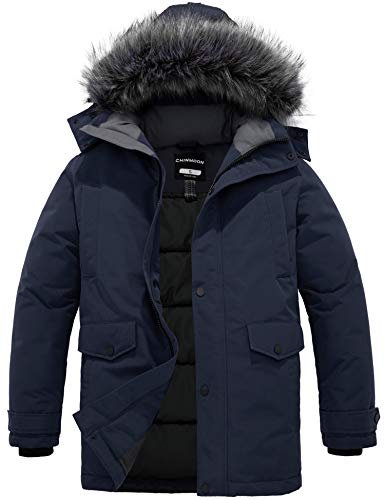 CHIN·MOON Homme Manteau Polaire Chaud d'hiver Veste de Rembourrage en Coton épaissi Parka matelassée Coupe-Vent Classique Veste à Capuche d'extérieur Bleu L